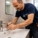 fontanero cambiando grifo de lavabo en baño moderno en Puente Genil