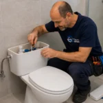 fontanero reparando cisterna de wc en baño de vivienda en Puente Genil