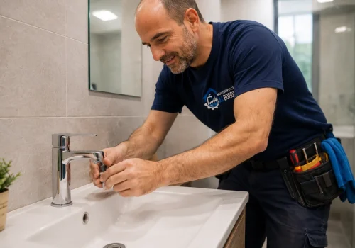 fontanero cambiando grifo de lavabo en baño moderno en Puente Genil