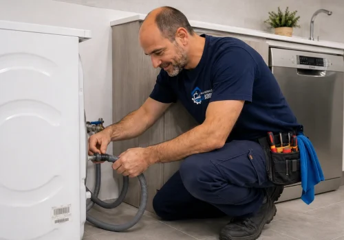 fontanero instalando lavadora y lavavajillas en cocina moderna en Puente Genil