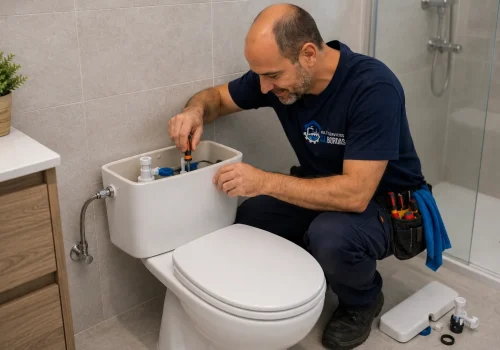 fontanero reparando cisterna de wc en baño de vivienda en Puente Genil