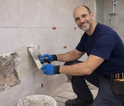 Fontanero en Puente Genil realizando trabajos de albañilería en baño para instalación de fontanería