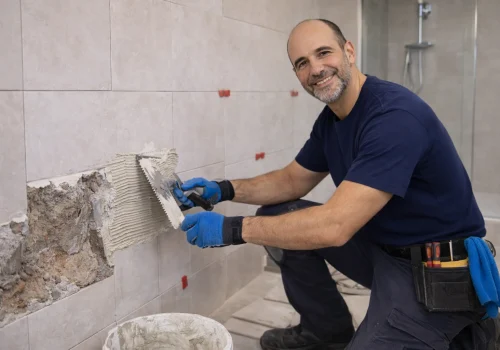 Fontanero en Puente Genil realizando trabajos de albañilería en baño para instalación de fontanería