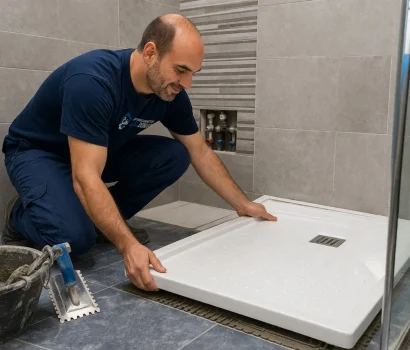 Fontanero en Puente Genil instalando plato de ducha en baño