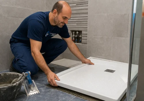 Fontanero en Puente Genil instalando plato de ducha en baño