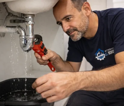 Fontanero en Puente Genil reparando fuga de agua bajo fregadero