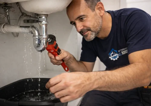 Fontanero en Puente Genil reparando fuga de agua bajo fregadero